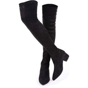 Women Black 2 Inch Over the Knee Thigh High Suede Block Long Pointed toe Boots